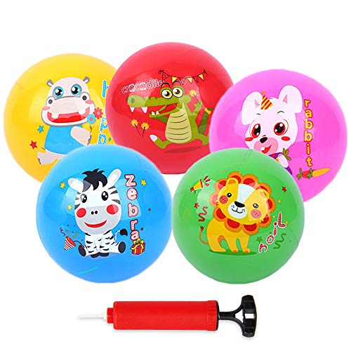 beetoy 5 Pcs Size 2 Balls for Toddlers 1-3 with Pump, Outdoor Sport Soft Ball Toys Playground Beach Pool Toys Party Favors with Animal Patterns Sticks Inflatable Rubber Balls