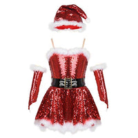 inhzoy Kids Girls Sequins Christmas Dance Costume Camisole Leotard Dress with Hat Arm Sleeves Set Dancewear Red AA 8 Years