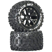 Load image into Gallery viewer, Duratrax Six Pack MT 2.8&quot; 1/10 RC Monster Truck Tires with Foam Inserts: C2 Soft, Mounted, 6-Spoke Rear Wheels, Black, Set of 2
