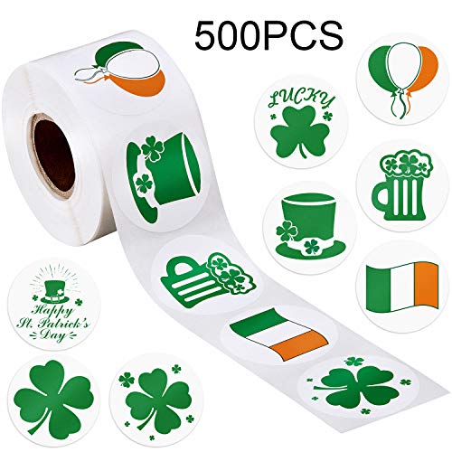 Boao 500 Pieces St. Patrick's Day Stickers Shamrock Roll Stickers 1-1/2 Inch Adhesive Label for Irish Decoration and Craft (Style B)