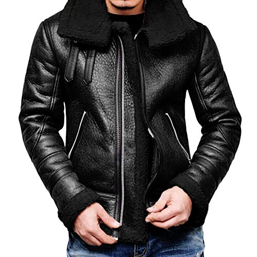 ZEFOTIM Men Autumn Winter Highneck Warm Fur Liner Lapel Leather Zipper Outwear Top Coat(Large,Black)
