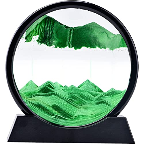 rysnwsu 3D Dynamic Sand Art Liquid Motion, Moving Sand Art Picture Round Glass 3D Deep Sea Sandscape in Motion Display Flowing Sand Frame Relaxing Desktop Home Office Work Decor (Green, 7'')