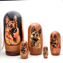 Load image into Gallery viewer, Dog German Shepherd Nesting Dolls Russian Hand Made 5 Piece Matryoshka Set 7&quot; H
