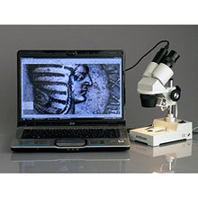 Load image into Gallery viewer, AmScope SE304-PZ-E2 Digital Binocular Stereo Microscope, WF10x and WF20x Eyepieces, 20X/40X/80X Magnification, 2X and 4X Objectives, Tungsten Lighting, Reversible Black/White Stage Plate, Pillar Stand
