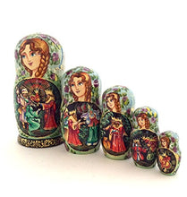 Load image into Gallery viewer, Unique Russian Nesting Dolls Fairytale The Golden Cockerel Hand Carved Hand Painted 5 Piece Set 7&quot; Tall
