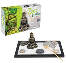 Load image into Gallery viewer, Japanese Home Zen Garden Set (11&quot;x6.5&quot;) Includes 7 Pieces and 1 rake. Desk Size. Mini Rock Meditation Gift Sandbox Buddha Statue, Stones and Bridge Gift Stress Relieve Relief
