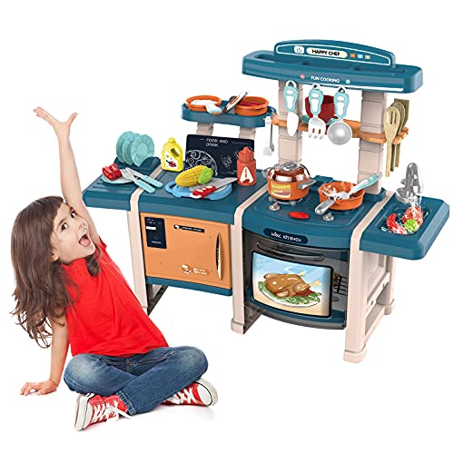 UNIH Kids Kitchen Set Pretend Play Kids, Play Kitchen Playset Toy with Realistic Lights & Sounds,Play Oven & Sink,Other Kitchen Accessories Toys for 3 Year Old Girls and Boys (Blue)
