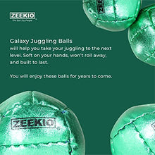 Load image into Gallery viewer, Zeekio Juggling Balls Premium Galaxy - [Pack of 3], Synthetic Leather, Millet Filled, 12-Panel Leather Balls, 130g Each, 62mm, Metallic Green
