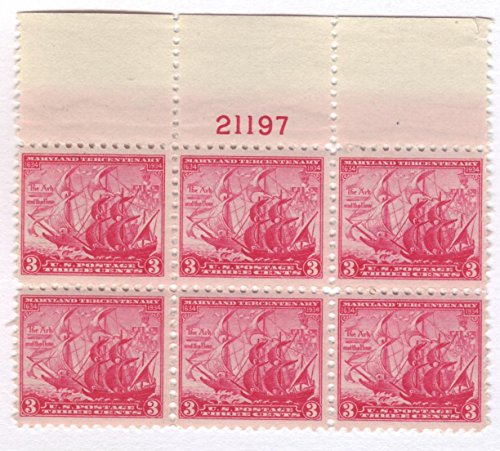 No. 736, 1934 3c Maryland Tercentenary Numbered Plate Block of 6 Stamps