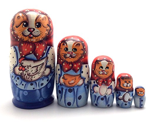Orange Cat with Chicken Nesting Dolls Russian Hand Carved Hand Painted 5 Piece Matryoshka Set
