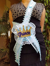 Load image into Gallery viewer, Baby Shower Mom To Be It&#39;s a Boy Sash with Prince Crown &amp; Blue Ribbon Corsage
