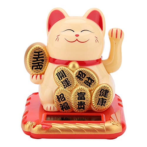 DEWIN Chinese Style Welcoming Cat,Solar Powered,Japanese Adorable Waving Beckoning Fortune Lucky Cat for Home and Car Decor(Gold)