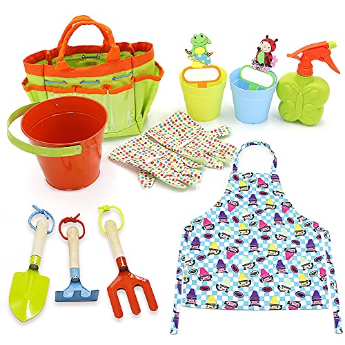 Kids Gardening Tool Set, Toddler Garden Toys, Children Gardener Tool Kit, Includes Watering Can, Children Gardening Gloves, Shovel, Rake, Fork, Water Spray, Plant Plot, Apron, and Garden Tote Bag