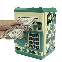 Load image into Gallery viewer, Elemusi Cartoon Electronic Password Mini ATM Piggy Bank Cash Coin Can Auto Scroll Paper Money Saving Box, for Children Kids (Camouflage Green)
