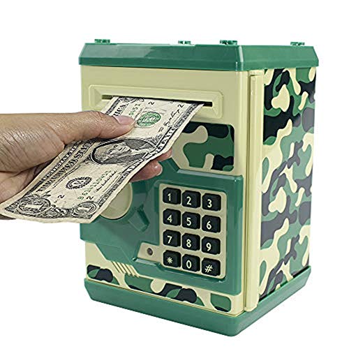 Elemusi Cartoon Electronic Password Mini ATM Piggy Bank Cash Coin Can Auto Scroll Paper Money Saving Box, for Children Kids (Camouflage Green)