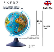 Load image into Gallery viewer, EXERZ 25CM Zoo-Geo Illuminated Globe - English Map -with Cable Free LED Light/ 2 in 1/ Day and Night - Physical and Zoo Dual Map - Light up Globe - Educational and Fun, for School, Children, Family
