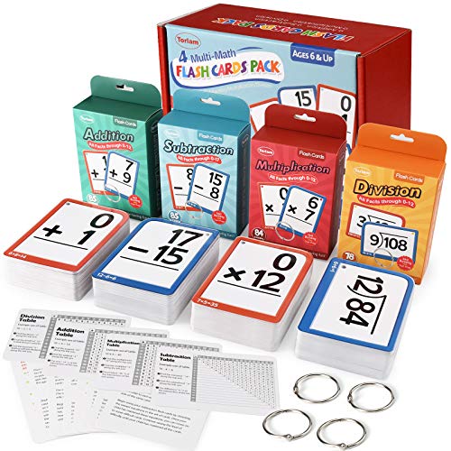 Torlam Multi Math Flash Cards for Kids Ages 4-8 - Addition, Subtraction, Multiplication, & Division - All Facts 0-12 with 4 Rings, Math Games for Kids 6-8 3rd 4th 5th 6th Grade - 332 Cards Total