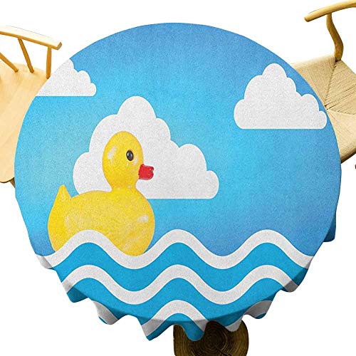 Rubber Duck Tablecloth - 55 Inch Round Tablecloth Home Yellow Cute Childrens Toy Figure on Wavy Water Inspired Stripes Clouds Quick Wipe Yellow White Blue