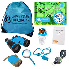 Load image into Gallery viewer, Unplugged Explorers 9 Piece Kids Outdoor Explorer Kit-- Backpack, Binoculars, Flashlight, Compass, Bug Collector, Whistle, Magnifying Glass, and Journal. Boy/Girl STEM
