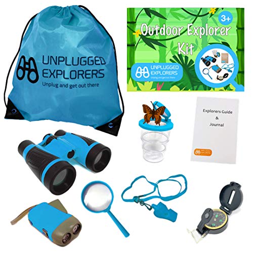 Unplugged Explorers 9 Piece Kids Outdoor Explorer Kit-- Backpack, Binoculars, Flashlight, Compass, Bug Collector, Whistle, Magnifying Glass, and Journal. Boy/Girl STEM