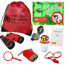 Load image into Gallery viewer, Unplugged Explorers 9 Piece Kids Outdoor Explorer Kit-- Backpack, Binoculars, Flashlight, Compass, Bug Collector, Whistle, Magnifying Glass, and Journal. Boy/Girl STEM
