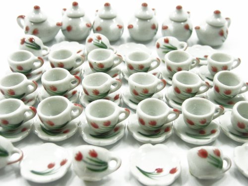 24/54 Tulip Cup Teapot Saucer Scallop Plate Dollhouse Miniature Ceramic #S 3876