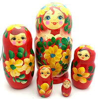 Traditional Red with Yellow Flowers Nesting Doll Hand Painted 5 Piece Set Made in Russia / 6 inch Tall