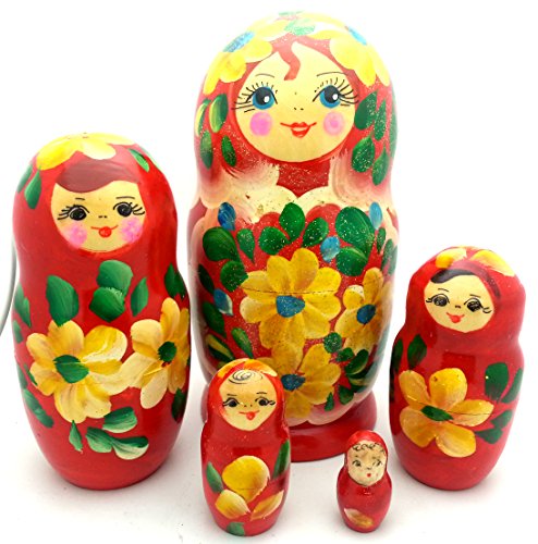 Traditional Red with Yellow Flowers Nesting Doll Hand Painted 5 Piece Set Made in Russia / 6 inch Tall