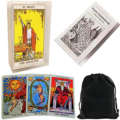 Tarot Cards Set Classic Rider Tarot Cards Deck English-Spanish with Transparent Case and Spanish Instructions Book Manual Booklet Portable Tarot Cards Deck with Black Velvet Bag (RS)
