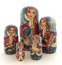 Load image into Gallery viewer, Unique Russian Nesting Dolls Hand Carved Hand Painted 5 Piece Set 7.25&quot; Tall Girl with a Deer

