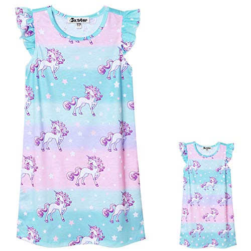 Star Unicorn Nightgowns Matching Girls&Dolls Flutter Sleeve Pajamas Pjs,Size 10 11