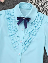 Load image into Gallery viewer, Yeahdor Kids Girls Preppy Style School Uniform Choir Shirts Blouse Birthday Turn-Down Collar Bowtie Tops Dailywear Sky_Blue 5

