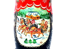 Load image into Gallery viewer, Russian Troika Horses Winter Village in Nesting Dolls Russian Hand Carved Hand Painted 7 Piece Set
