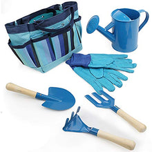 Load image into Gallery viewer, FREEHAWK Kids Gardening Tool Sets, Toy Shovel Gardening Set, Outdoor Gardening Toy with Wooden Handles &amp; Safety Edges, Includes Carry Bag, Rake, Shovel, Fork, Watering Can, Gloves (Blue)
