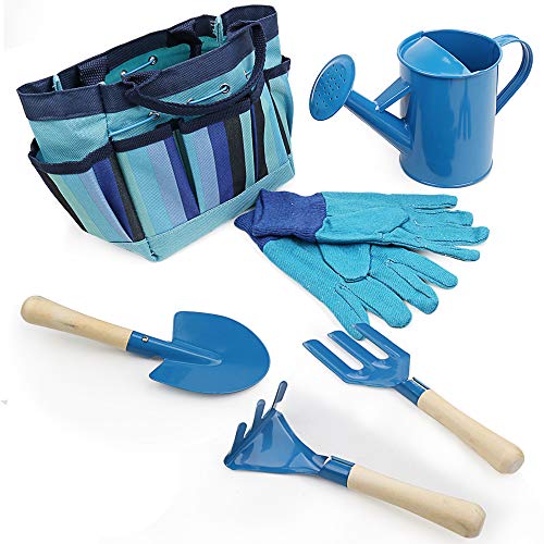 FREEHAWK Kids Gardening Tool Sets, Toy Shovel Gardening Set, Outdoor Gardening Toy with Wooden Handles & Safety Edges, Includes Carry Bag, Rake, Shovel, Fork, Watering Can, Gloves (Blue)