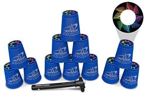 Set of 12 Blue Authentic Wssa Speed Stacks Cups with Rainbow Multicolor Spiro Snap Tops & Quick Release Stem