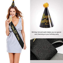 Load image into Gallery viewer, 25th Birthday Decorations for Women Or Men Black &amp; Gold, 25 Birthday Party Supplies Gifts for Her or Him Including Happy Birthday Banner, Fringe Curtain, Tablecloth, Photo Props, Foil Balloons, Sash
