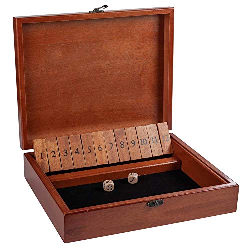 WE Games Shut The Box Game with 12 Numbers in an Old World Styled Wood Box with a Lid and a Brass Latch