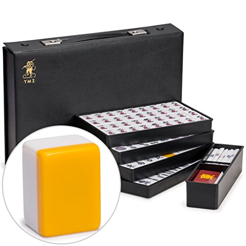 Yellow Mountain Imports Japanese Riichi Mahjong Set, White Tiles with Black Vinyl Case - East Wind Tile, Set of Betting Sticks, & Dice