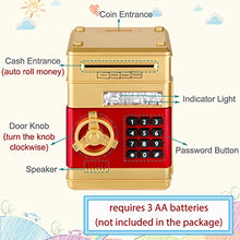 Load image into Gallery viewer, Surejoy Piggy Bank, Toys Gifts for 4 5 6 7 Years Old Boys Girls, Cash Coin ATM Bank with Safe Password Lock, Electronic Bank for Kids, Auto Scroll Paper Money Saving Machine, Gold
