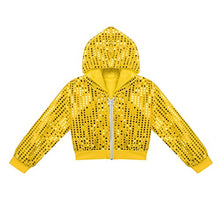 Load image into Gallery viewer, Agoky Children Girls Sequins Hip Hop Modern Jazz Street Dance Costume Outfit Kids Stage Performances Clothes Yellow Hooded Set 10-12
