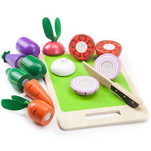 Load image into Gallery viewer, Wood Eats! Veggie Slicers Playset | Features Real Cutting Sounds | Includes Eggplant, Tomato, Onion, Radish, Carrot, Zucchini Wooden Vegetables and Safe Knife | Teaches Fractions and Fine Motor Skills
