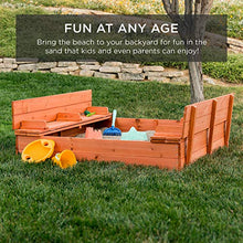 Load image into Gallery viewer, Best Choice Products 47x47in Kids Large Wooden Sandbox for Backyard, Outdoor Play w/Cedar Wood, 2 Foldable Bench Seats, Sand Protection, Bottom Liner - Brown
