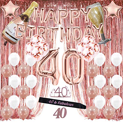 Rose Gold 40th Birthday Decorations for Women, 40 Birthday Party Supplies Include Foil Fringe Curtains, Happy Birthday Balloons,Birthday Tiara & sash, Cake Topper