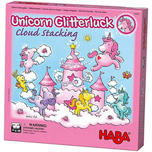 Load image into Gallery viewer, HABA Unicorn Glitterluck Cloud Stacking - A Cooperative Roll &amp; Move Dexterity Game for Ages 4 and Up (Made in Germany)
