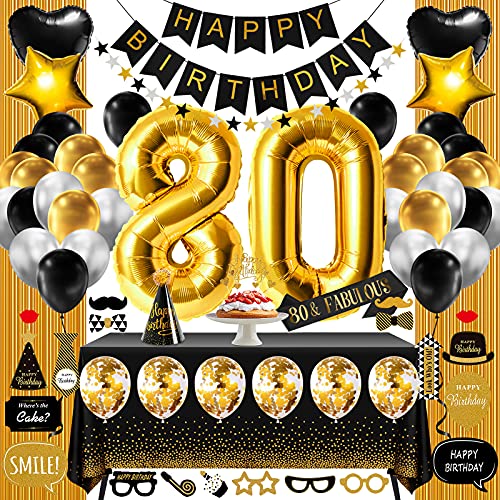 80th Birthday Decorations for Women Or Men, 80 Year Old Birthday Party Supplies Gifts for Her Him Including Happy Birthday Banners, Fringe Curtains, Tablecloth, Photo Props, Foil Balloons, Sash