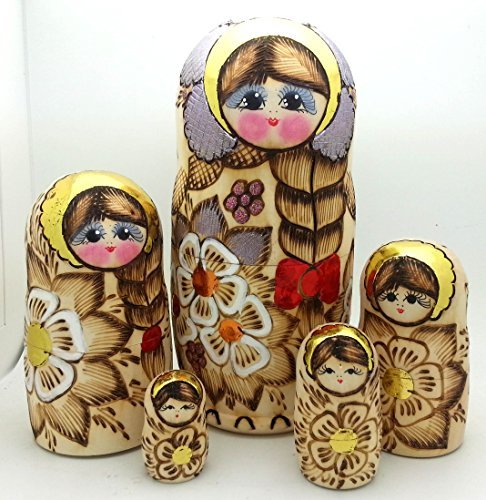 Russian Nesting Doll with Flowers Traditional Wood Burned Hand Carved Hand Painted 5 Piece Doll Set / 7