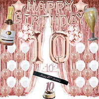 Rose Gold 10th Birthday Decorations for Girls, 10 Birthday Party Supplies for Her Include Foil Fringe Curtains,Happy Birthday Balloons,Birthday Tiara & sash, Cake Topper