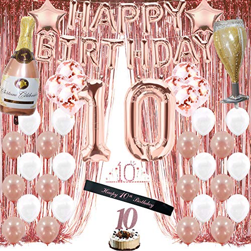 Rose Gold 10th Birthday Decorations for Girls, 10 Birthday Party Supplies for Her Include Foil Fringe Curtains,Happy Birthday Balloons,Birthday Tiara & sash, Cake Topper
