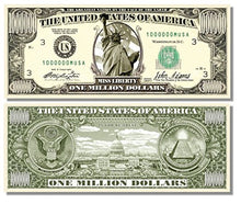 Load image into Gallery viewer, 100 Miss Liberty Million Dollar Bills with Bonus Thanks a Million Gift Card Set
